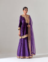 Purple Silk Velvet Sharara Set with Gota Marorri Hand Embroidery