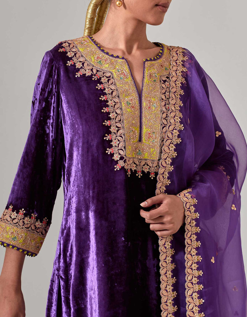 Purple Silk Velvet Sharara Set with Gota Marorri Hand Embroidery