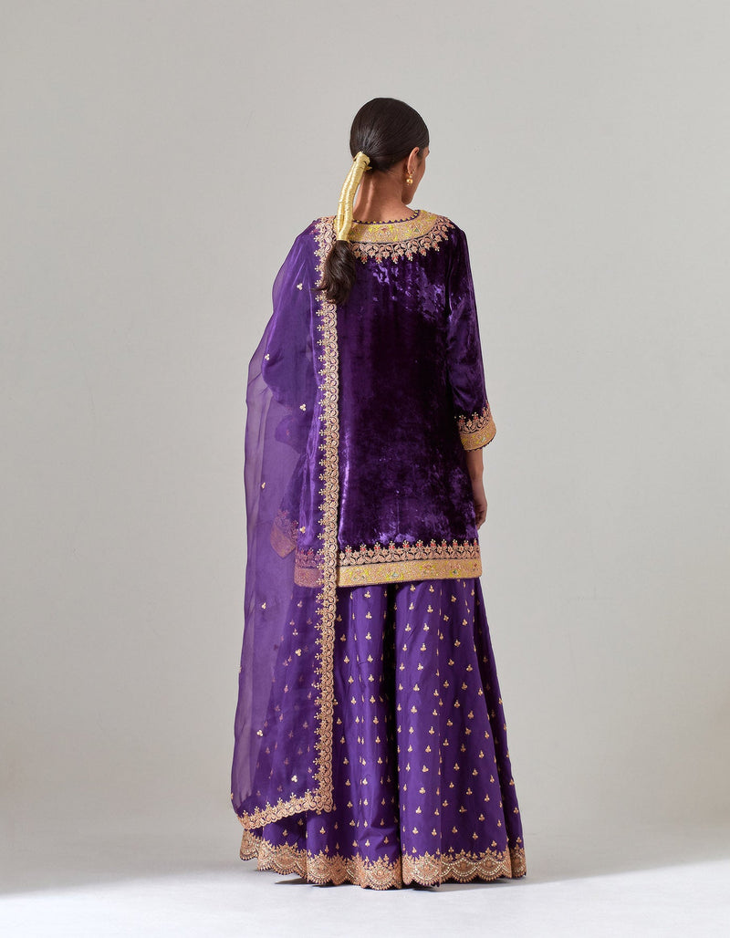 Purple Silk Velvet Sharara Set with Gota Marorri Hand Embroidery