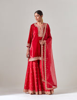 Red Silk Velvet Sharara Set with Gota Marorri Hand Embroidery