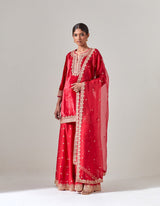 Red Silk Velvet Sharara Set with Gota Marorri Hand Embroidery