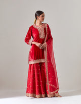 Red Silk Velvet Sharara Set with Gota Marorri Hand Embroidery