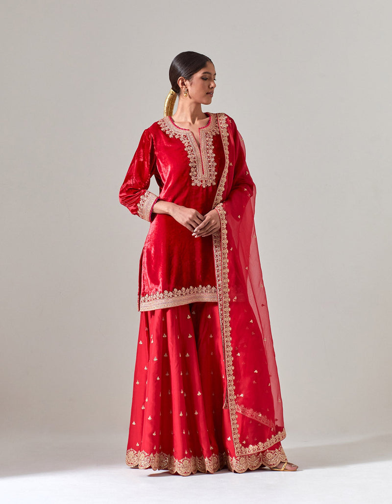 Red Silk Velvet Sharara Set with Gota Marorri Hand Embroidery