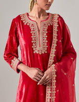 Red Silk Velvet Sharara Set with Gota Marorri Hand Embroidery