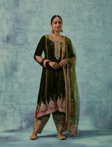 Olive Green Silk Velvet Kurta with Salwar Set