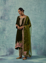 Olive Green Silk Velvet Kurta with Salwar Set