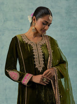 Olive Green Silk Velvet Kurta with Salwar Set