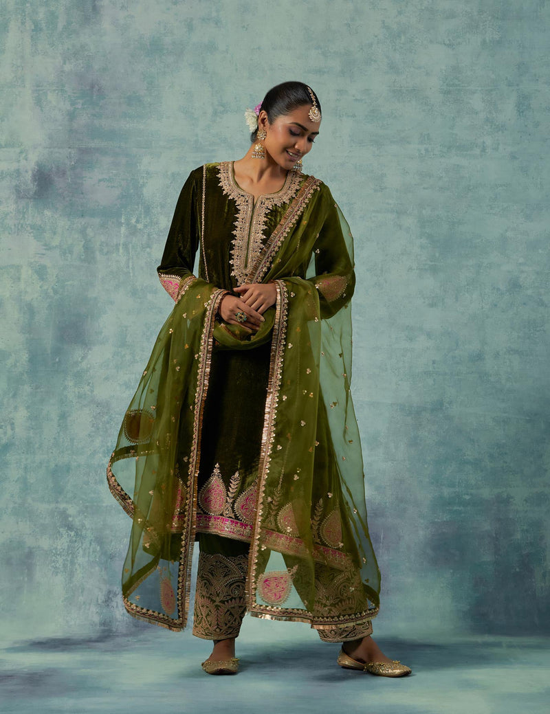 Olive Green Silk Velvet Kurta with Salwar Set