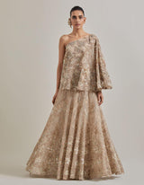 Champagne Gold Water Glimmer Embellished Skirt Paired With One Shoulder Cape Top