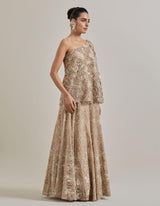 Champagne Gold Water Glimmer Embellished Skirt Paired With One Shoulder Cape Top