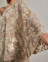 Champagne Gold Water Glimmer Embellished Skirt Paired With One Shoulder Cape Top