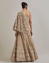 Champagne Gold Water Glimmer Embellished Skirt Paired With One Shoulder Cape Top