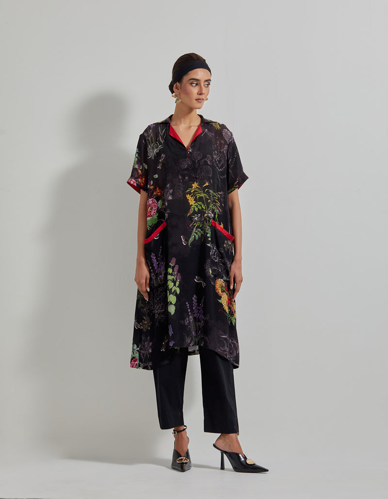 Black Botanical Tunic with Poplin Lycra Pants