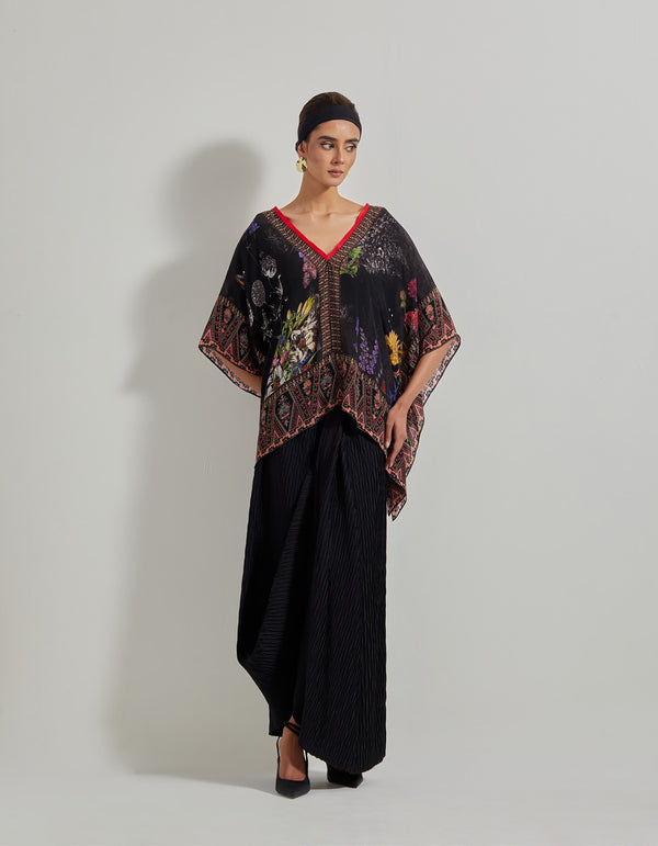 Black Botanical Kaftan Top with Crinkle Crepe Skirt