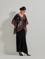 Black Botanical Kaftan Top with Crinkle Crepe Skirt