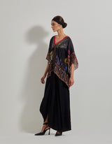 Black Botanical Kaftan Top with Crinkle Crepe Skirt