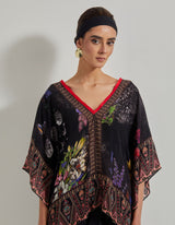 Black Botanical Kaftan Top with Crinkle Crepe Skirt