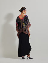 Black Botanical Kaftan Top with Crinkle Crepe Skirt