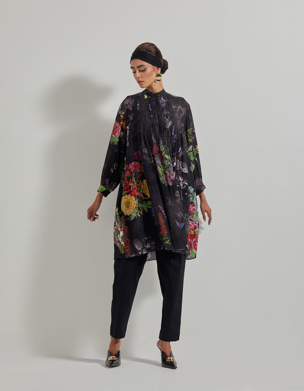 Black Botanical Tunic with Cotton Lycra Pants