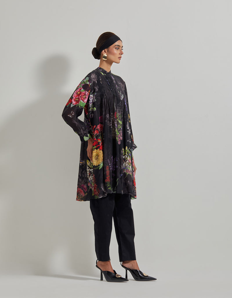 Black Botanical Tunic with Cotton Lycra Pants