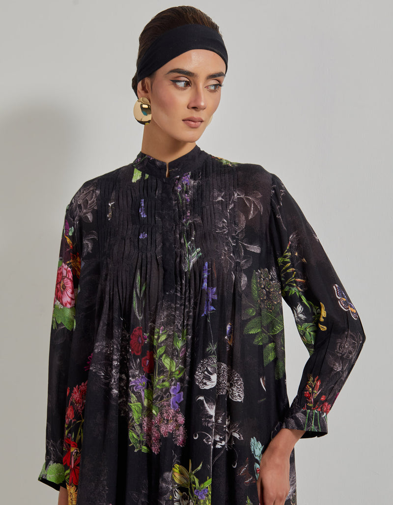 Black Botanical Tunic with Cotton Lycra Pants