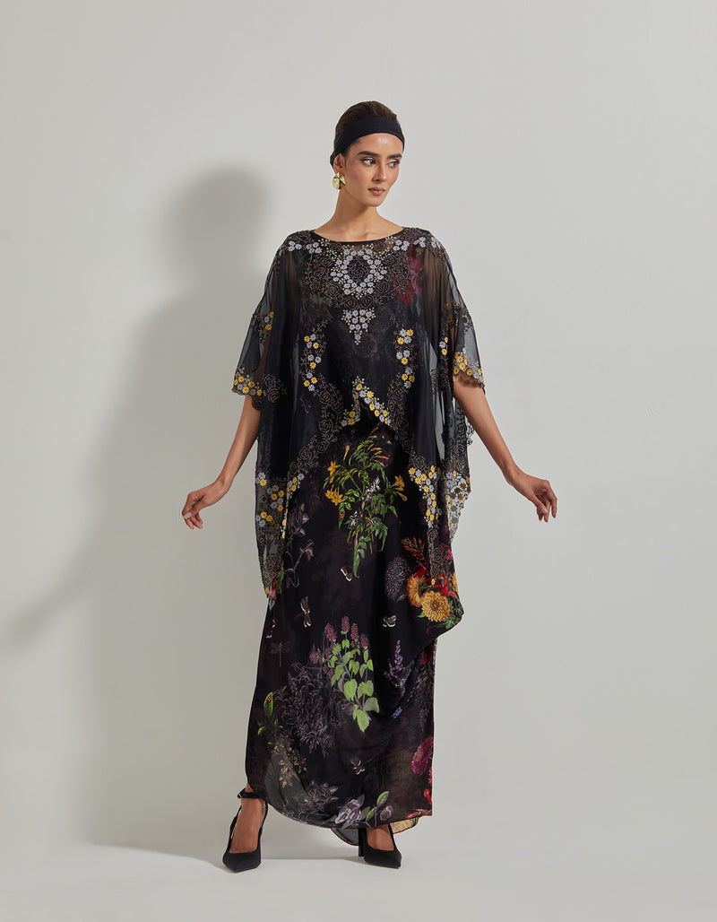 Black Botanical Cowl Dress with Asymmetrical Hand Embroidered Cape in Organza