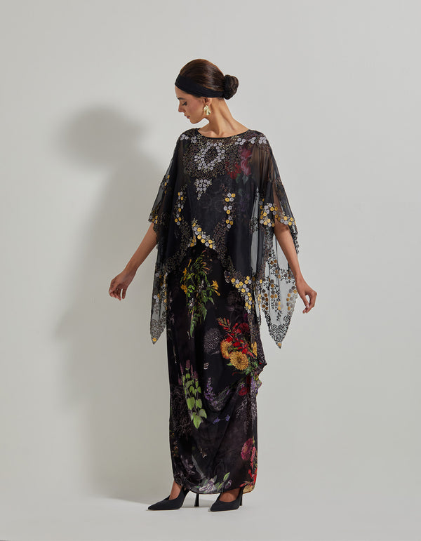 Black Botanical Cowl Dress with Asymmetrical Hand Embroidered Cape in Organza