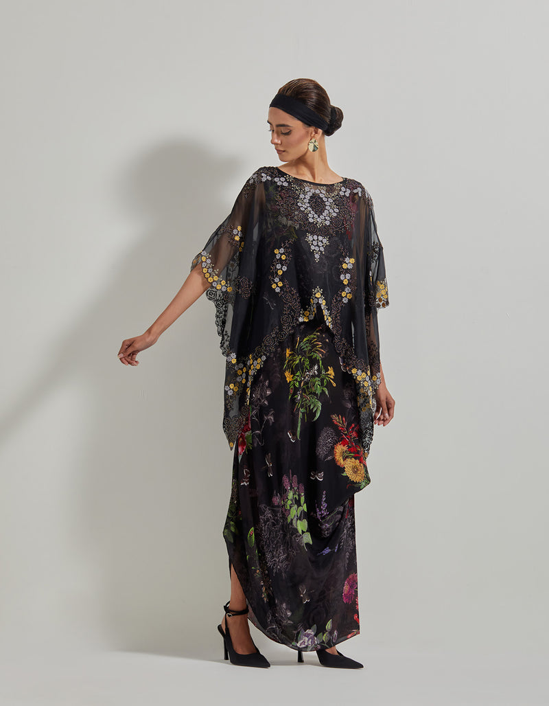 Black Botanical Cowl Dress with Asymmetrical Hand Embroidered Cape in Organza