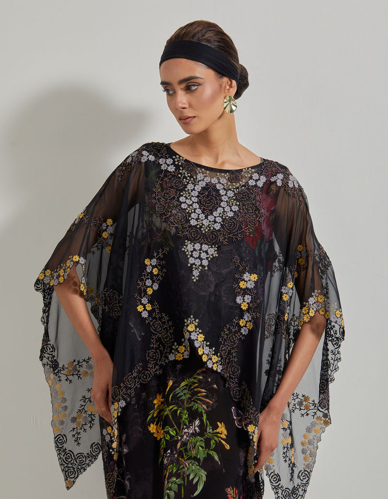 Black Botanical Cowl Dress with Asymmetrical Hand Embroidered Cape in Organza