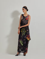 Black Botanical Cowl Dress with Asymmetrical Hand Embroidered Cape in Organza