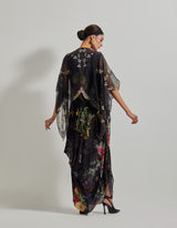 Black Botanical Cowl Dress with Asymmetrical Hand Embroidered Cape in Organza