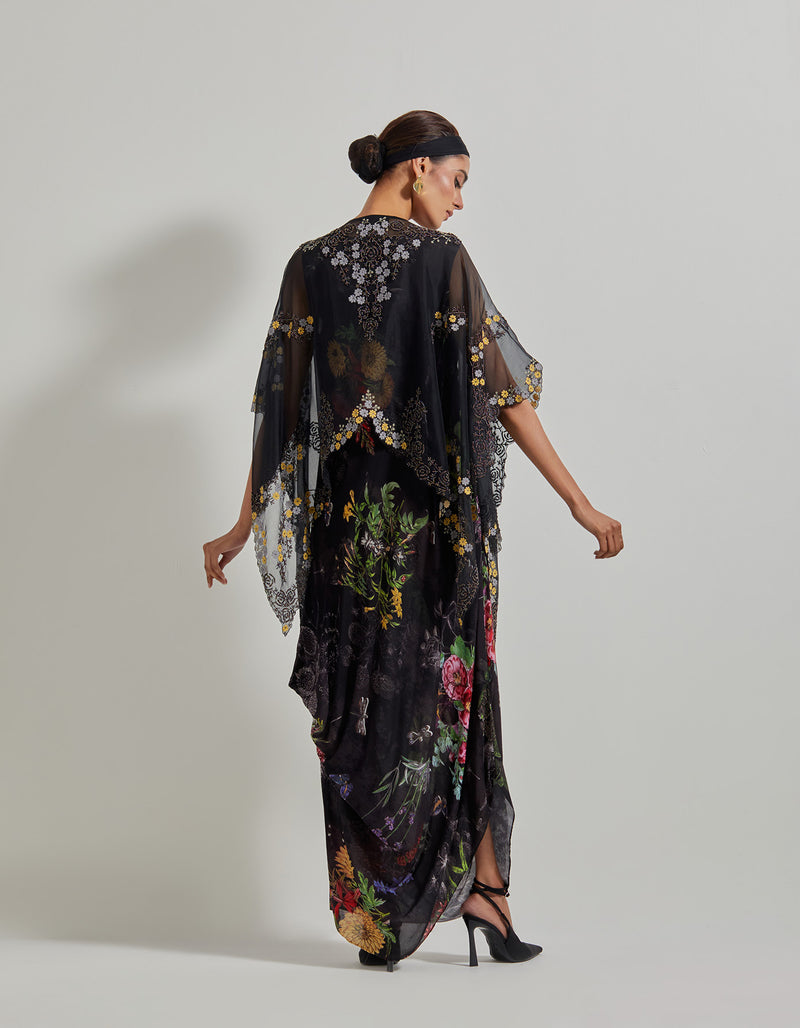 Black Botanical Cowl Dress with Asymmetrical Hand Embroidered Cape in Organza