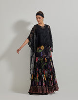 Black Botanical Sharara Pants paired with Hand Embellished High Low Organza Cape and Inner