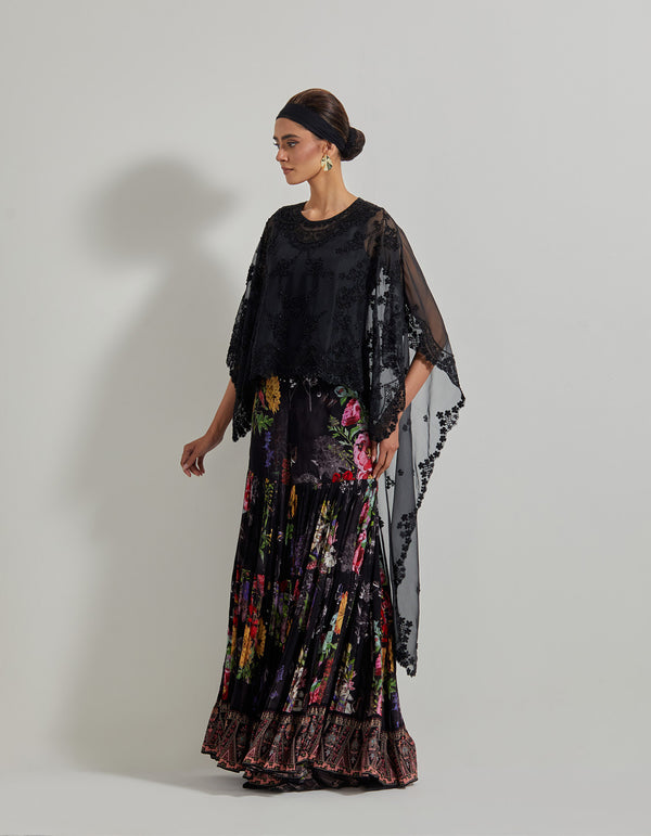 Black Botanical Sharara Pants paired with Hand Embellished High Low Organza Cape and Inner