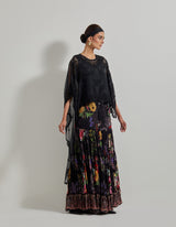 Black Botanical Sharara Pants paired with Hand Embellished High Low Organza Cape and Inner