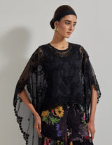 Black Botanical Sharara Pants paired with Hand Embellished High Low Organza Cape and Inner