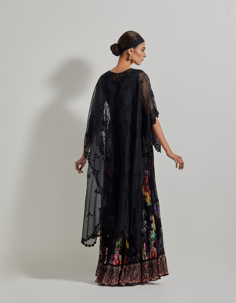 Black Botanical Sharara Pants paired with Hand Embellished High Low Organza Cape and Inner