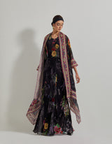 Black Botanical Panelled Dress with Organza Embroidered and Printed Cape Jacket