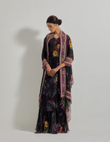 Black Botanical Panelled Dress with Organza Embroidered and Printed Cape Jacket