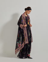 Black Botanical Panelled Dress with Organza Embroidered and Printed Cape Jacket