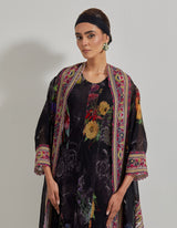 Black Botanical Panelled Dress with Organza Embroidered and Printed Cape Jacket