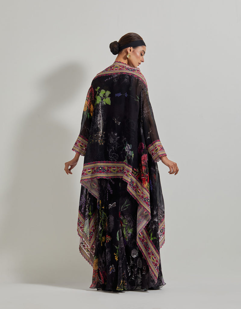 Black Botanical Panelled Dress with Organza Embroidered and Printed Cape Jacket