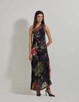 Black Botanical One Sholder Tie-up Dress