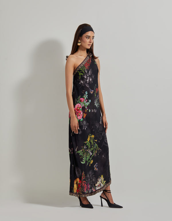 Black Botanical One Sholder Tie-up Dress