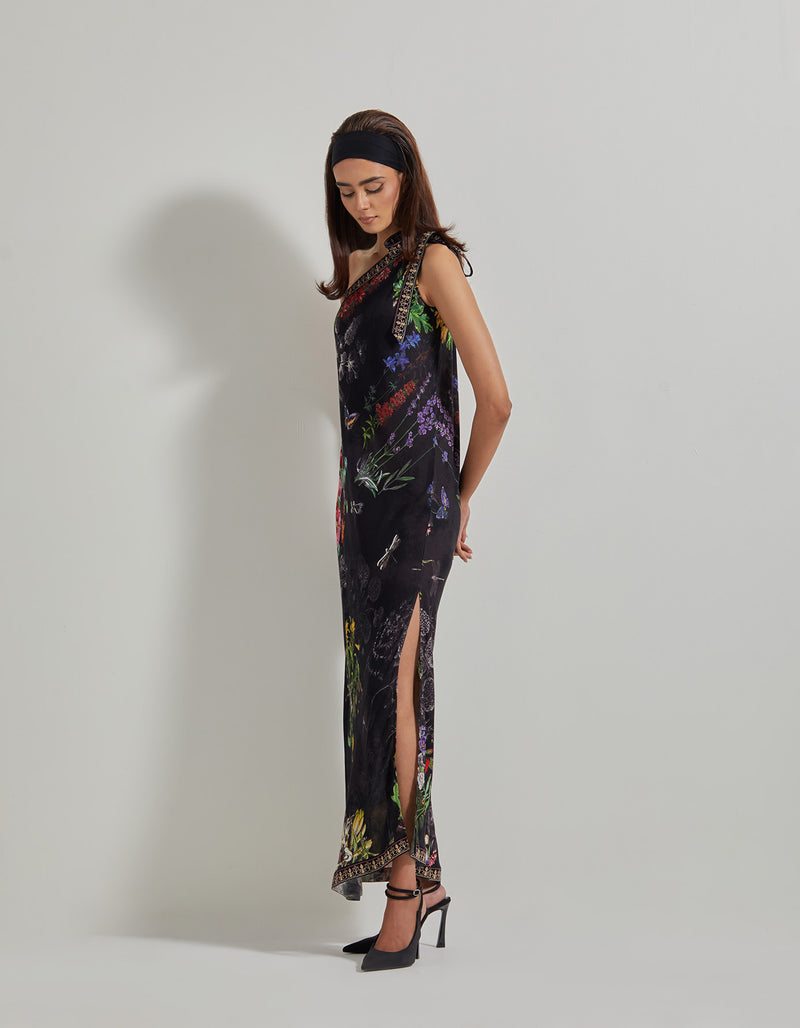 Black Botanical One Sholder Tie-up Dress