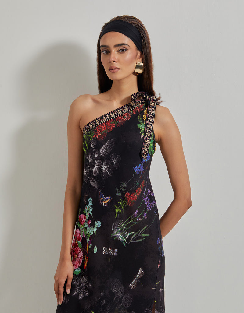 Black Botanical One Sholder Tie-up Dress