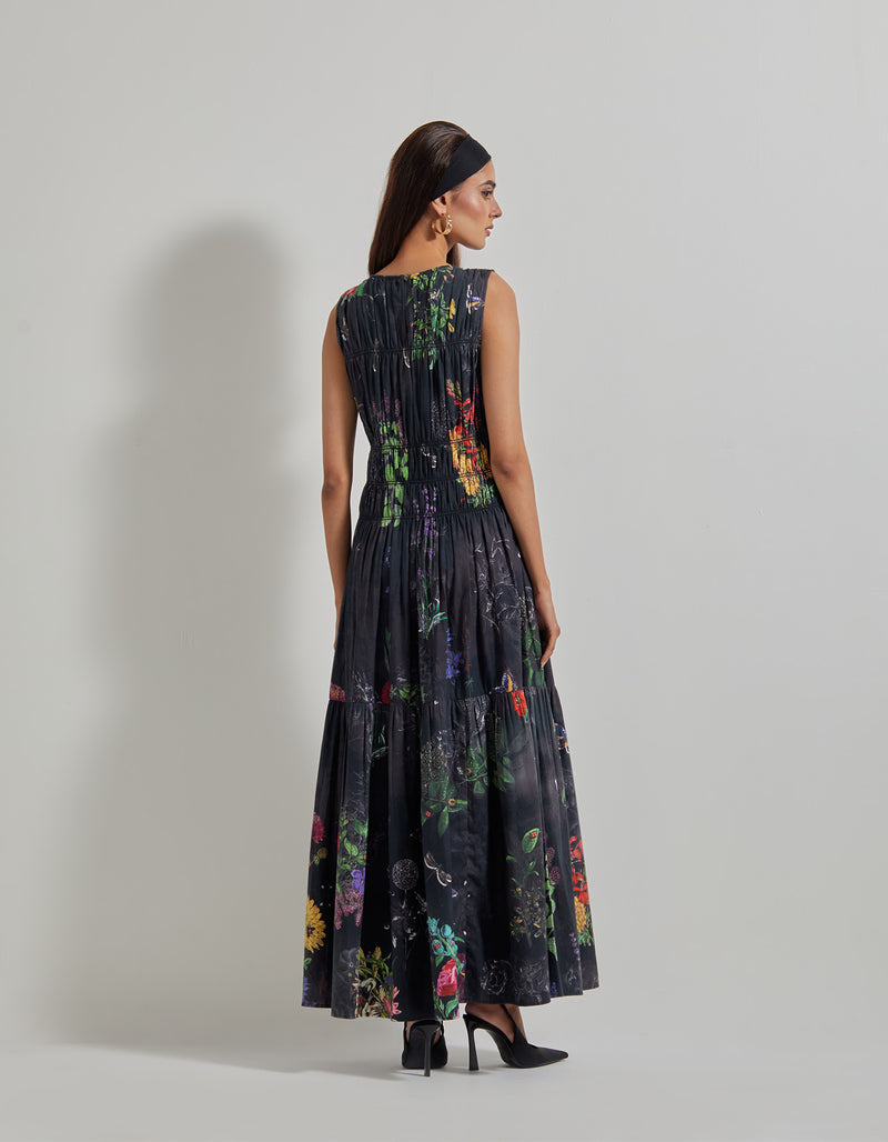 Black Botanical Poplin Ruched Dress