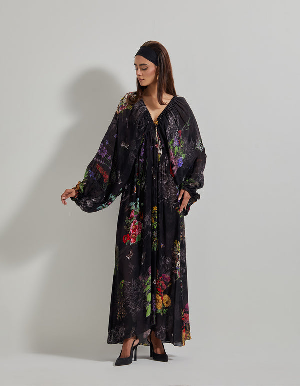 Black Botanical V Neckline Kaftan Dress