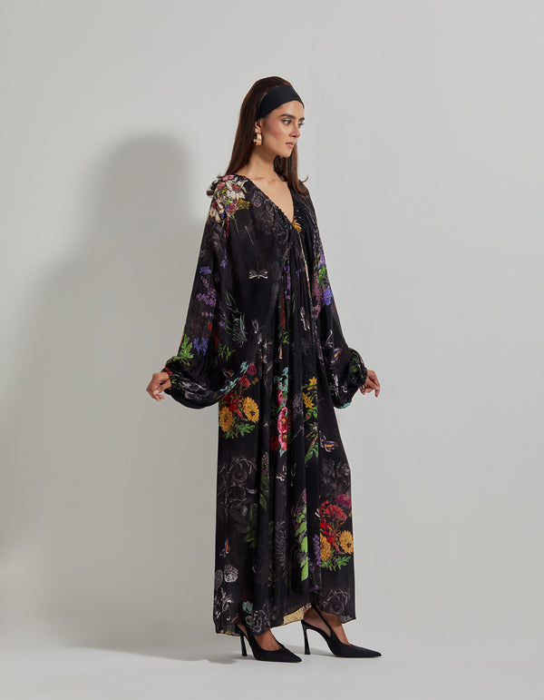 Black Botanical V Neckline Kaftan Dress