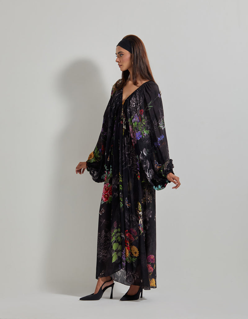 Black Botanical V Neckline Kaftan Dress